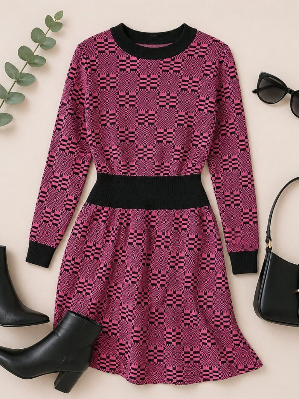 Vintage Pink Black Geometric Knit Long Sleeve Fit & Flare Sweater Dress